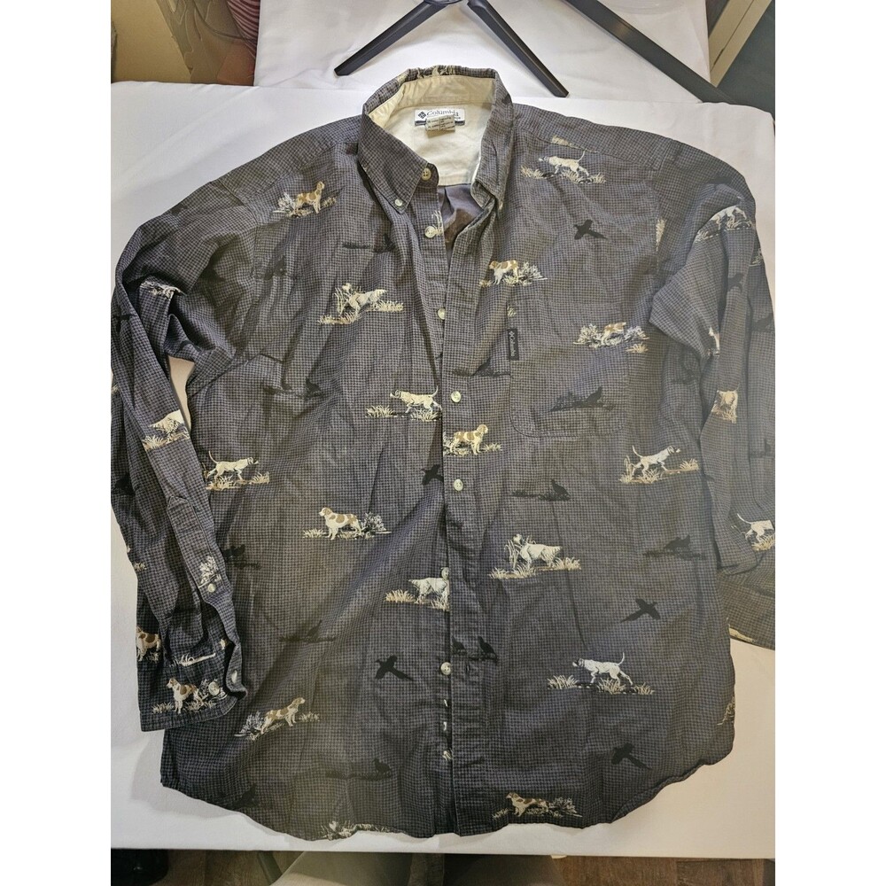 Columbia Men's XL Button-Down Cotton Shirt Gray Dog Bird Print Long Sleeve